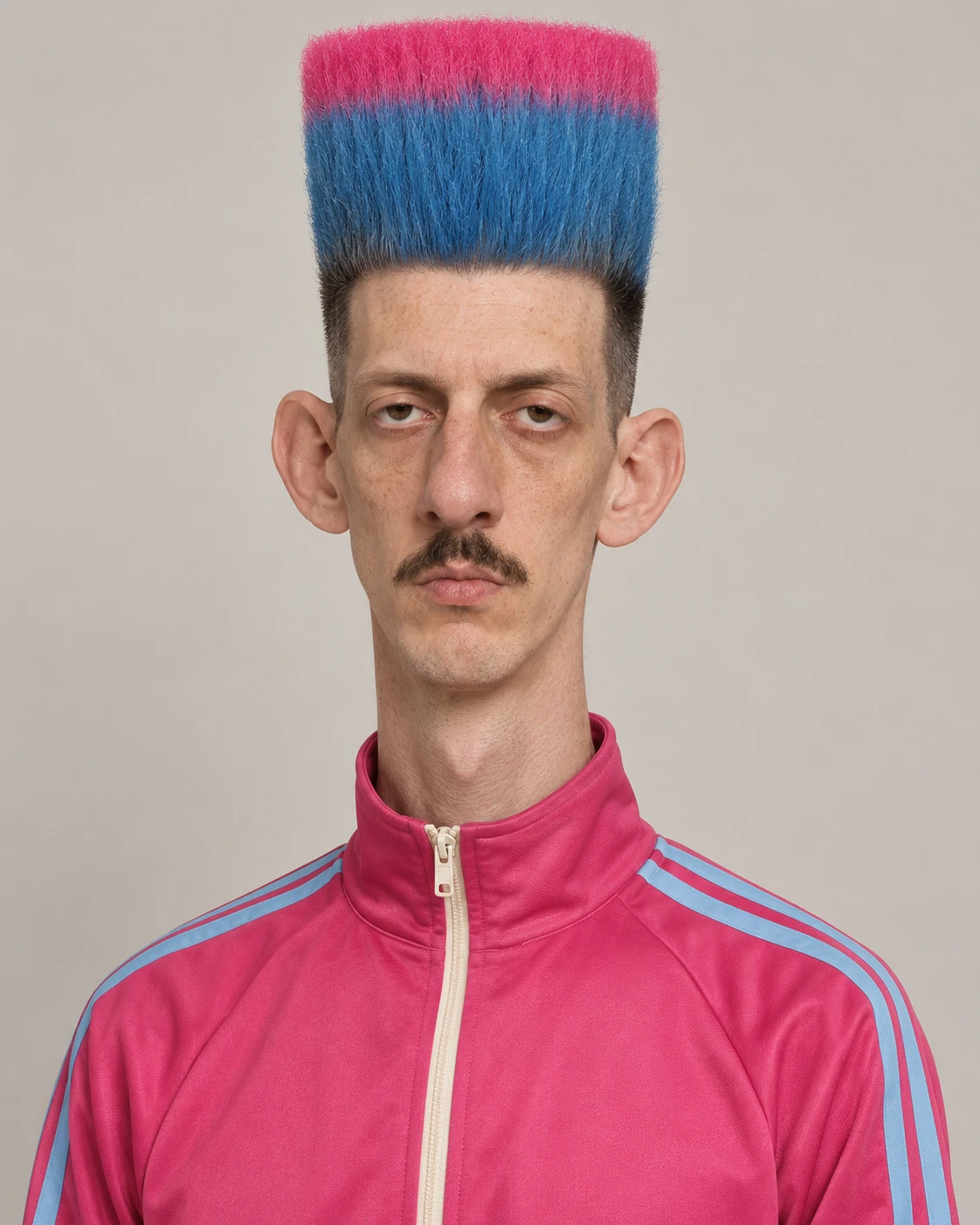 Bomi Berzina: an unimpressed stare, enormous blue flattop with a pink top, little moustache and pink tracksuit.